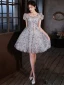 Charming Grey Beading Sequins Party Dresses 2022 A-Line / Princess V-Neck Short Sleeve Backless Knee-Length Formal Dresses