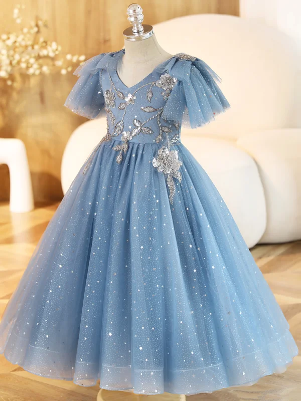 Fashion Sky Blue Beading Star Sequins Birthday Flower Girl Dresses 2023 Ball Gown V-Neck Short Sleeve Backless Floor-Length / Long Flower Girl Dresses