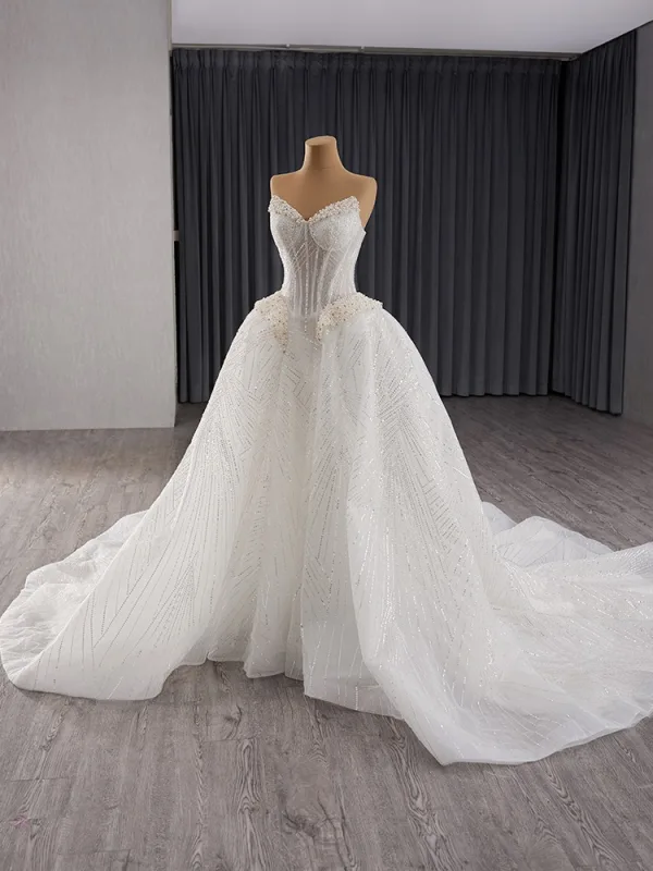 Luxury / Gorgeous White Handmade  Beading Rhinestone Pearl Sequins Wedding Dresses 2024 Ball Gown Strapless Sleeveless Backless Court Train Wedding