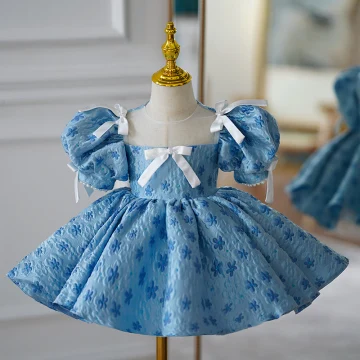 Chic Beautiful Pool Blue Printing Birthday Short Flower Girl Dresses 2023 Ball Gown Scoop Neck Puffy Short Sleeve Bow