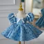 Chic / Beautiful Pool Blue Printing Birthday Short Flower Girl Dresses 2023 Ball Gown Scoop Neck Puffy Short Sleeve Bow