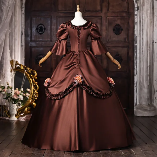 Vintage / Retro Medieval Coffee Appliques Lace Flower Ruffle Prom Dresses 2026 Ball Gown Square Neckline Short Sleeve Backless Floor-Length / Long Formal Dresses