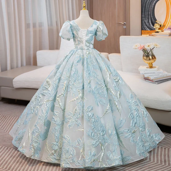Elegant Sky Blue Printing Sequins Prom Dresses 2024 Ball Gown V-Neck Short Sleeve Backless Floor-Length / Long Prom Formal Dresses