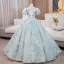 Elegant Sky Blue Printing Sequins Prom Dresses 2024 Ball Gown V-Neck Short Sleeve Backless Floor-Length / Long Prom Formal Dresses
