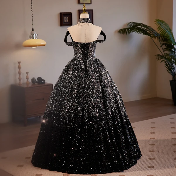 Sparkly Black Sequins Prom Dresses 2024 Ball Gown Off-The-Shoulder Sleeveless Backless Floor-Length / Long Prom Formal Dresses