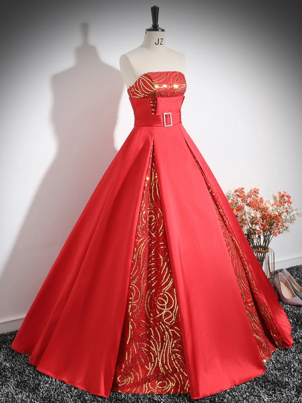 Elegant Red Sequins Satin Prom Dresses 2024 Ball Gown Strapless Sleeveless Backless Floor-Length / Long Prom Formal Dresses