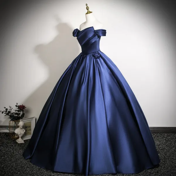 Vintage / Retro Navy Blue Prom Dresses 2025 Ball Gown Off-The-Shoulder Sleeveless Backless Floor-Length / Long Formal Dresses