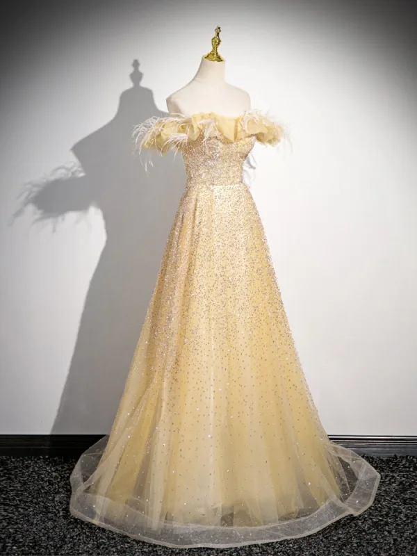 Chic / Beautiful Yellow Beading Sequins Prom Dresses 2024 A-Line / Princess Off-The-Shoulder Feather Sleeveless Backless Floor-Length / Long Prom Formal Dresses