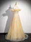 Chic / Beautiful Yellow Beading Sequins Prom Dresses 2024 A-Line / Princess Off-The-Shoulder Feather Sleeveless Backless Floor-Length / Long Prom Formal Dresses