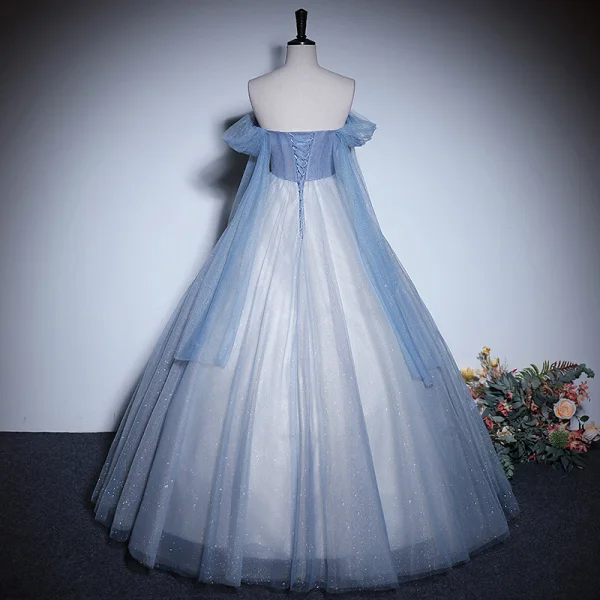 Charmant Himmelblau Perlenstickerei Pailletten Ballkleider 2023 A Linie Off Shoulder Kurze Ärmel Rückenfreies Lange Ball Festliche Kleider