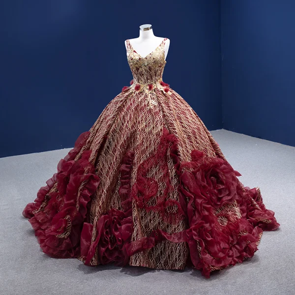 High-end Glitter Burgundy Sequins Appliques Prom Dresses 2022 Ball Gown V-Neck Short Sleeve Backless Court Train Formal Dresses