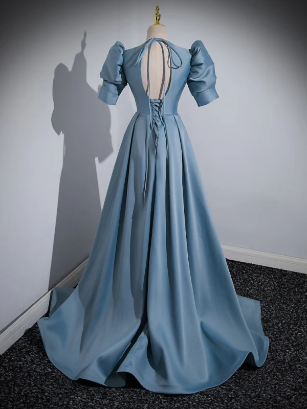 Elegant Pool Blue Satin Prom Dresses 2023 A-Line / Princess V-Neck Short Sleeve Backless Sweep Train Prom Formal Dresses