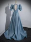Elegant Pool Blue Satin Prom Dresses 2023 A-Line / Princess V-Neck Short Sleeve Backless Sweep Train Prom Formal Dresses