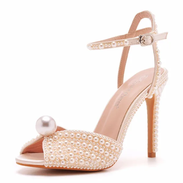 Elegant White Satin Pearl Ankle Strap Wedding Shoes 2025 10 cm Stiletto Heels Open / Peep Toe Wedding Sandals High Heels