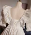 Medieval Vintage / Retro White Satin Lace Flower Wedding Dresses 2024 Ball Gown Scoop Neck Puffy Short Sleeve Backless Floor-Length / Long Wedding