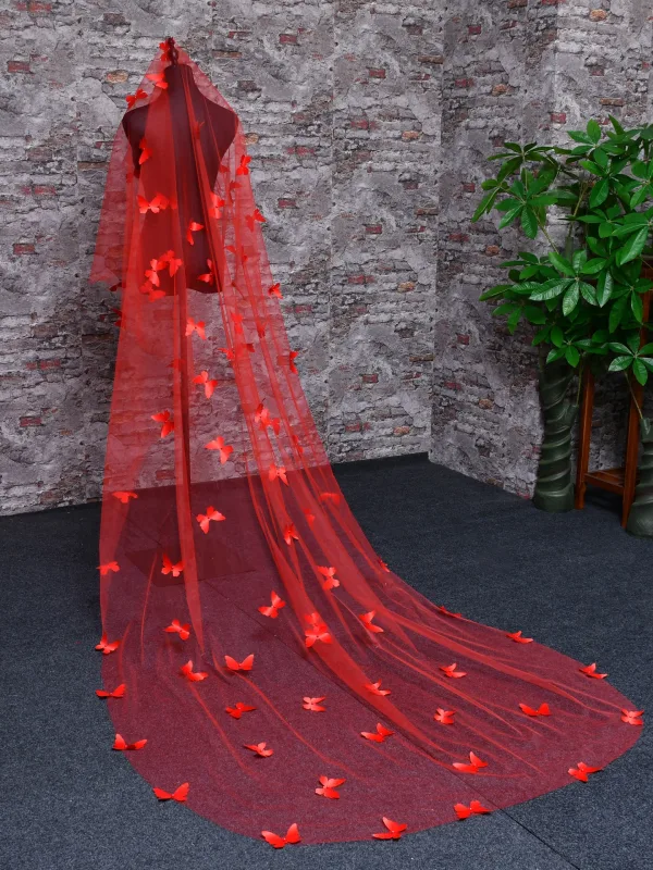Unusual Red Butterfly Court Train 3.5 m Wedding Veils 2025 Tulle