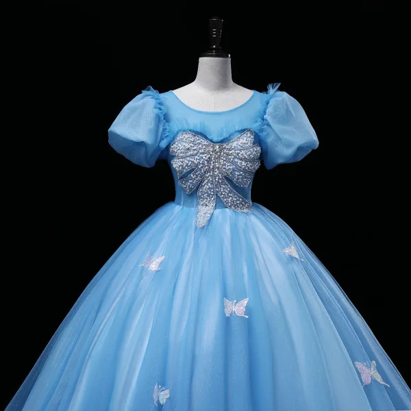 Chic / Beautiful Pool Blue Beading Pearl Rhinestone Prom Dresses 2022 Ball Gown Scoop Neck Sequins Butterfly Puffy Short Sleeve Backless Floor-Length / Long Prom