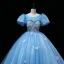 Chic / Beautiful Pool Blue Beading Pearl Rhinestone Prom Dresses 2022 Ball Gown Scoop Neck Sequins Butterfly Puffy Short Sleeve Backless Floor-Length / Long Prom