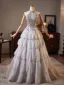High-end Grey Rhinestone Sequins Prom Dresses 2025 Ball Gown High Neck Short Sleeve Backless Floor-Length / Long Prom Formal Dresses