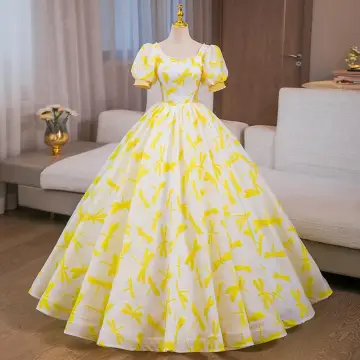 Élégant Jaune Robe De Bal 2024 Robe Boule Encolure Carrée Manches Courtes Dos Nu Longue Promo Robe De Ceremonie