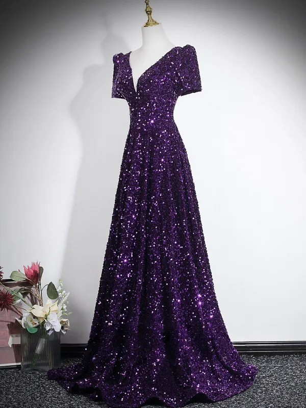 Sparkly Purple Sequins Evening Dresses 2026 A-Line / Princess V-Neck Short Sleeve Backless Floor-Length / Long