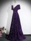 Sparkly Purple Sequins Evening Dresses 2026 A-Line / Princess V-Neck Short Sleeve Backless Floor-Length / Long