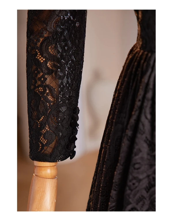 Vintage / Retro Black Lace Rhinestone Prom Dresses 2024 A-Line / Princess Square Neckline Long Sleeve Backless Floor-Length / Long Prom Formal Dresses