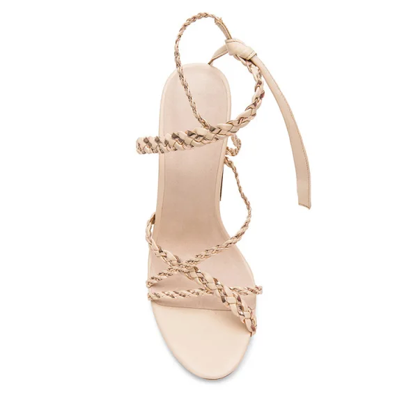 Sexy Beige Abend Sandalen Damen 2022 Flechten Knöchelriemen 11 cm Thick Heels Peeptoes Sandaletten Hochhackige