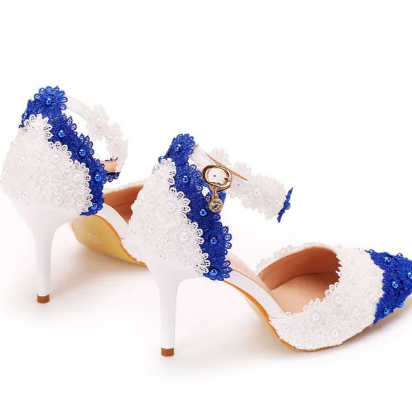 Elegant Two Tone White Pearl Lace Flower Prom Womens Sandals 9 cm Stiletto Heels Pointed Toe High Heels