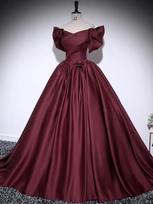 Vintage / Retro Burgundy Satin Prom Dresses 2025 Ball Gown Off-The-Shoulder Short Sleeve Backless Floor-Length / Long Formal Dresses