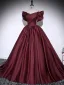 Vintage / Retro Burgundy Satin Prom Dresses 2025 Ball Gown Off-The-Shoulder Short Sleeve Backless Floor-Length / Long Formal Dresses