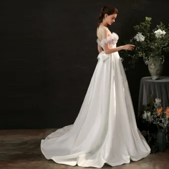 Fabuleux Ivoire Noeud Fleur Robe De Mariée 2021 Satin Sans Manches De L Épaule Jardin Extérieur Fermeture Éclair Tribunal Train Robe De Mariée Princesse