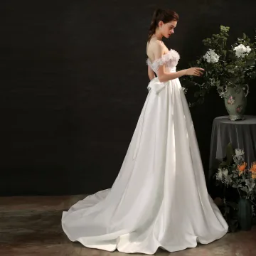 Fabulous Ivory Bow Flower Wedding Dresses 2021 Satin Sleeveless Off The Shoulder Outdoor Garden Zipper Up Court Train A Line Princess Wedding Dresses
