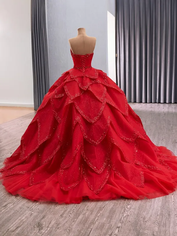 Fancy Slående Gripende Ruffles Beading Paljetter Rød Brudekjoler 2025 Ballkjole Avtakbar Kjæreste Uten Ermer Ryggløse Feie Tog Bryllup