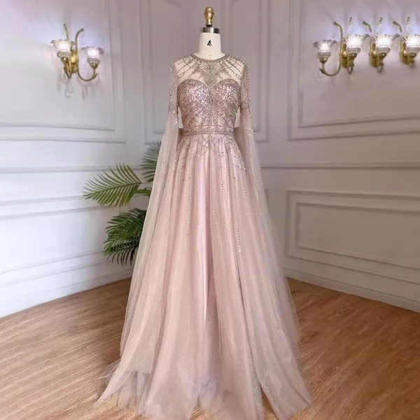 Haut de Gamme Bleu Ciel Fait main Perlage Paillettes Robe De Soirée 2023 Princesse Encolure Dégagée Manches Longues Noeud Soirée Train De Balayage Robe De Ceremonie