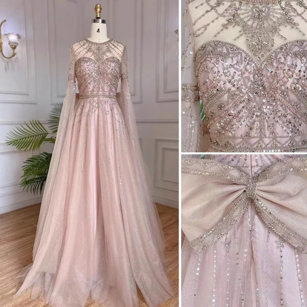 Haut de Gamme Bleu Ciel Fait main Perlage Paillettes Robe De Soirée 2023 Princesse Encolure Dégagée Manches Longues Noeud Soirée Train De Balayage Robe De Ceremonie