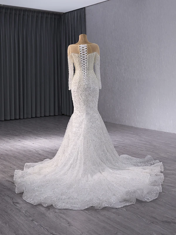 Haut de Gamme Blanche Fait main Perle Paillettes Robe De Mariée 2024 Trompette / Sirène Encolure Dégagée Manches Longues Dos Nu Train De Balayage Mariage