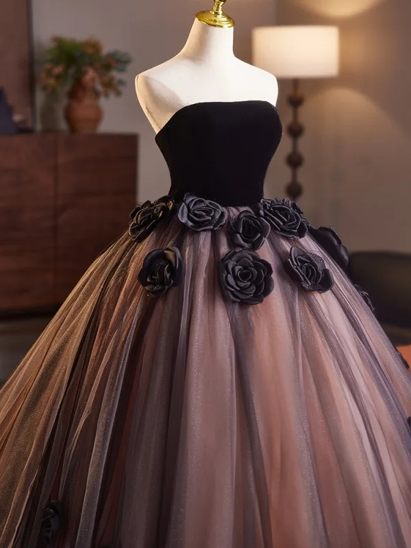 Elegant Quinceañera Black Appliques Prom Dresses 2025 Ball Gown Strapless Sleeveless Backless Floor-Length / Long Prom Formal Dresses