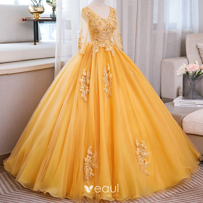 Simple v neck yellow satin long prom dress yellow evening dress – toptby