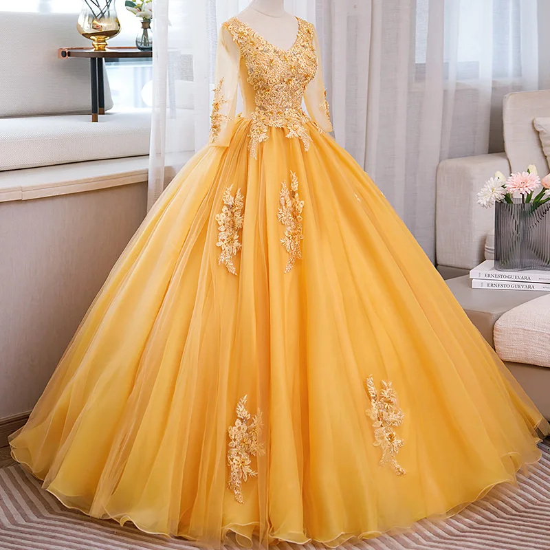 Elegant Yellow Beading Lace Flower Appliques Prom Dresses 2023 Ball Gown V-Neck 3/4 Long