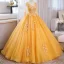 Elegant Yellow Beading Lace Flower Appliques Prom Dresses 2023 Ball Gown V-Neck 3/4 Sleeve Backless Floor-Length / Long Prom Formal Dresses
