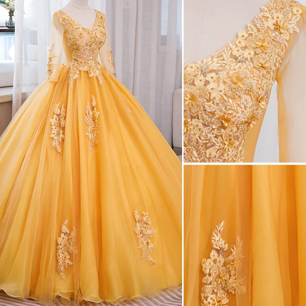 Elegant Yellow Beading Lace Flower Appliques Prom Dresses 2023 Ball Gown V-Neck 3/4 Sleeve Backless Floor-Length / Long Prom Formal Dresses
