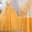 Elegant Yellow Beading Lace Flower Appliques Prom Dresses 2023 Ball Gown V-Neck 3/4 Sleeve Backless Floor-Length / Long Prom Formal Dresses