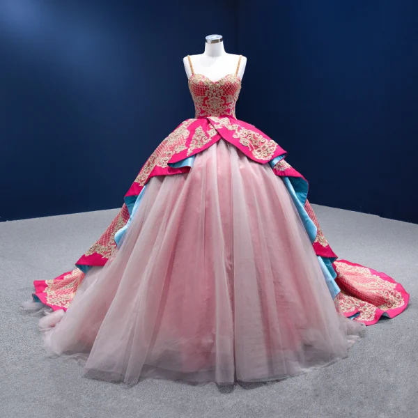 Fancy Fuchsia Multi-Colors Prom Dresses 2022 Ball Gown Spaghetti Straps Sleeveless Backless Beading Lace Flower Sequins Satin Chapel Train Formal Dresses