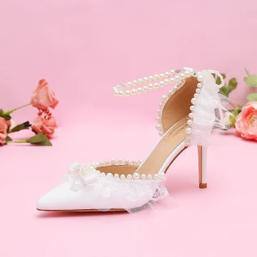 Élégant Blanche Perle Noeud En Dentelle Chaussure De Mariée 2024 Bride Cheville 9 Cm Talons Aiguilles À Bout Pointu Mariage Sandales Talons Hauts