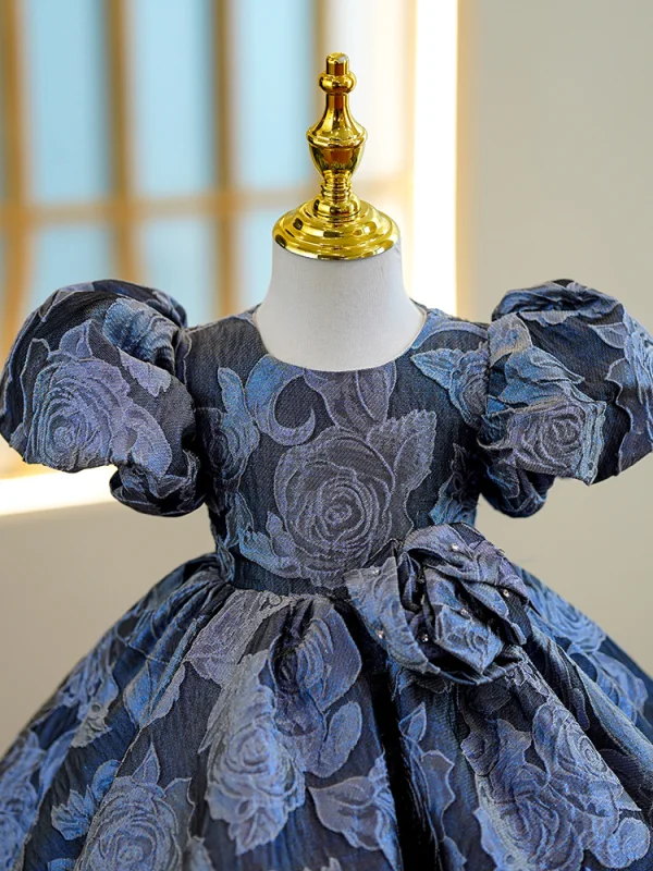 Vintage / Retro Navy Blue Flower Birthday Short Flower Girl Dresses 2022 Ball Gown Scoop Neck Puffy Short Sleeve Flower Girl Dresses