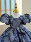 Vintage / Retro Navy Blue Flower Birthday Short Flower Girl Dresses 2022 Ball Gown Scoop Neck Puffy Short Sleeve Flower Girl Dresses