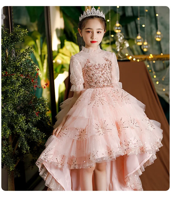 Lovely Blushing Pink Cascading Ruffles Birthday Flower Girl Dresses 2022 Ball Gown High Neck Beading Sequins Short Sleeve Court Train Flower Girl Dresses