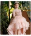 Lovely Blushing Pink Cascading Ruffles Birthday Flower Girl Dresses 2022 Ball Gown High Neck Beading Sequins Short Sleeve Court Train Flower Girl Dresses