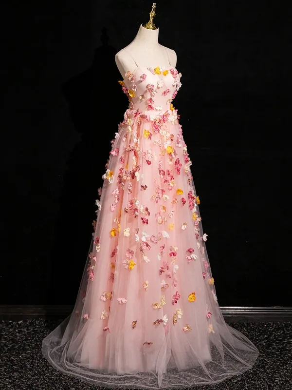 Flower Fairy Blushing Pink Appliques Prom Dresses 2024 A-Line / Princess Spaghetti Straps Sleeveless Backless Floor-Length / Long Prom Formal Dresses
